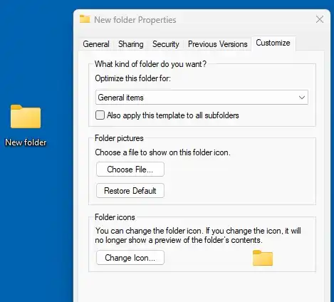 Windows 11 desktop showing a user right-clicking a folder to open Properties for a custom icon change