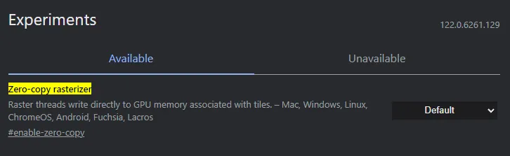 Chrome flags search results showing zero copy