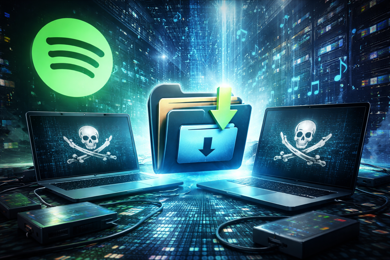 Illustration of a data center with servers, laptops showing pirate symbols, and a download icon, representing claims that Spotify’s music library was scraped.
