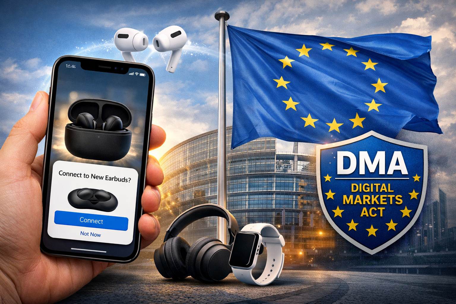 Illustration showing an iPhone pairing screen with wireless earbuds, EU flag, and Digital Markets Act shield, symbolizing Apple opening proximity pairing in the EU.
