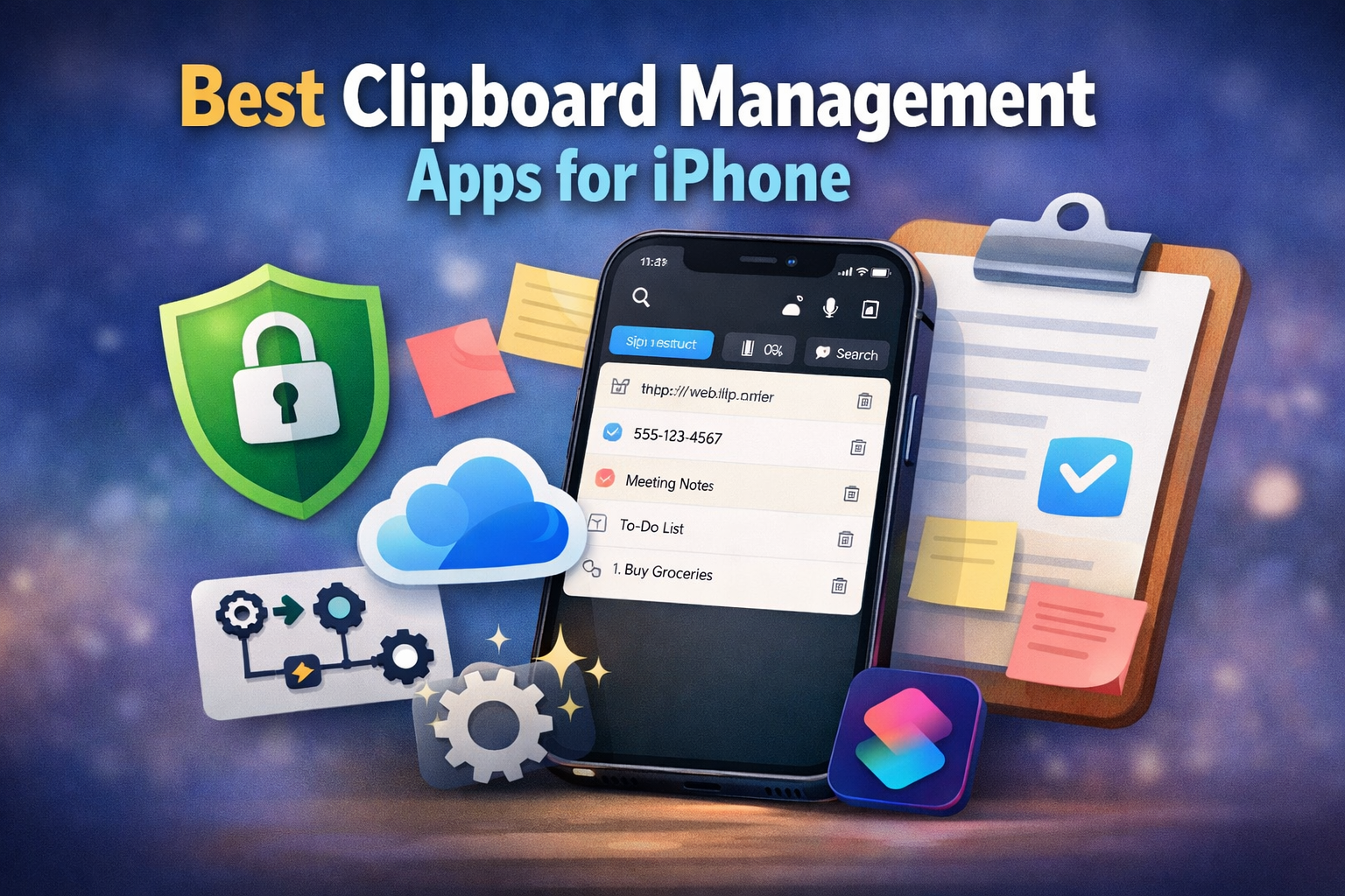 Illustration of an iPhone showing a clipboard management app interface with saved snippets, plus icons for privacy, cloud sync, and automation.
