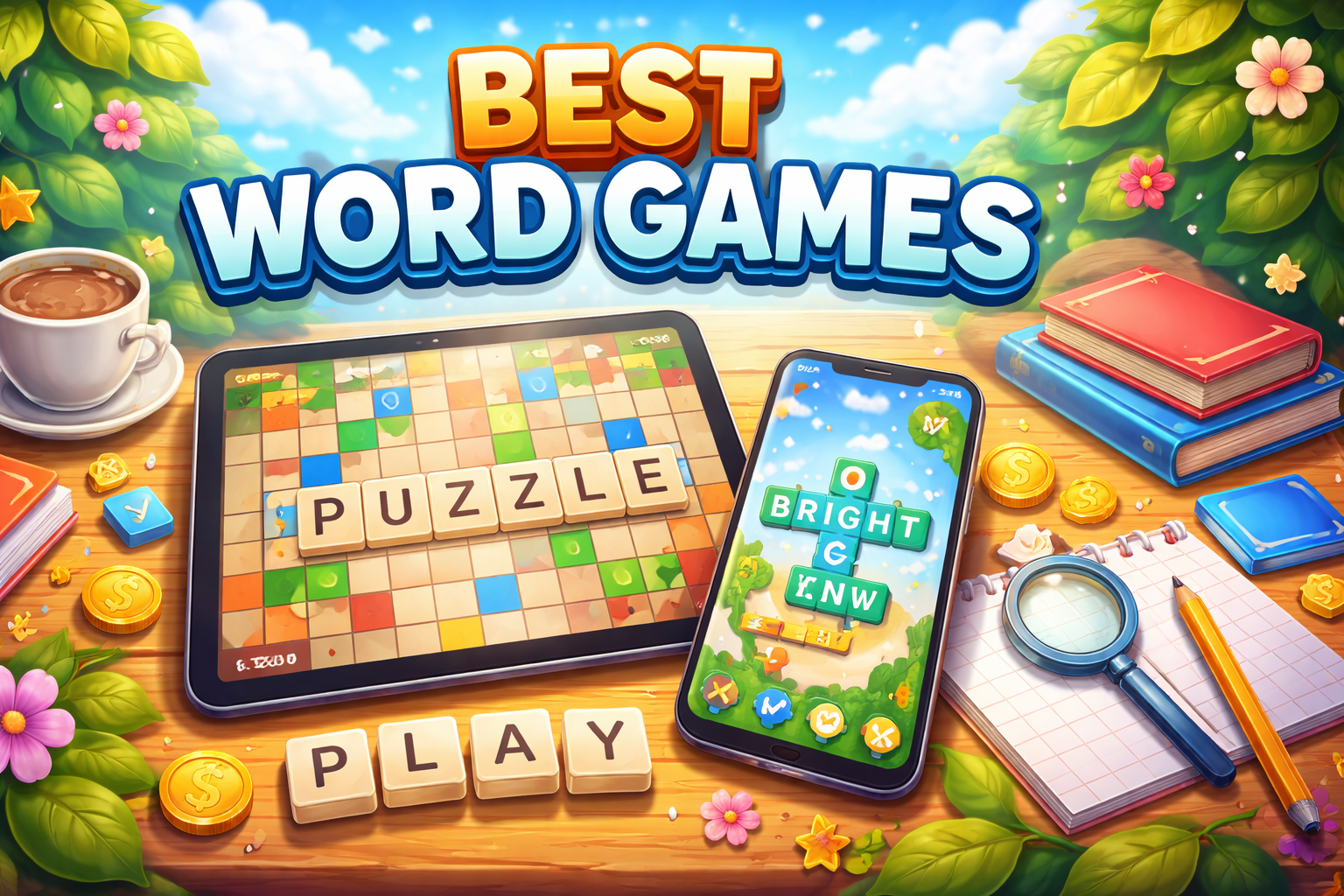 Illustration showing an iPad and iPhone displaying word puzzle games with letter tiles on a desk, representing the best word games for iPhone and iPad.