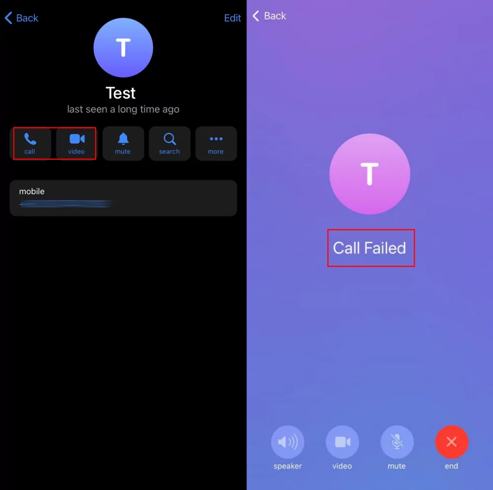 Telegram call screen displaying call failed message