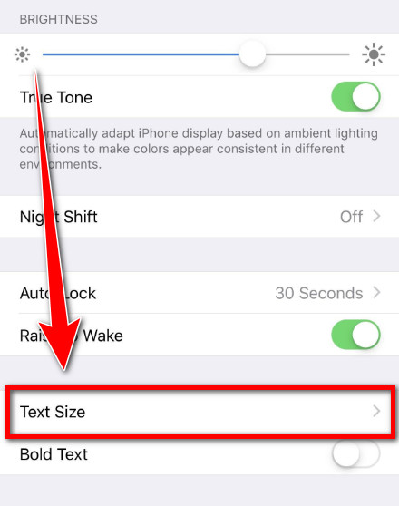 Adjusting text size in iPhone Display & Brightness settings