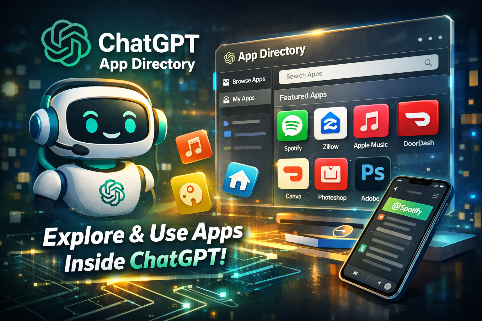 Illustration showing ChatGPT App Directory with a chatbot mascot, app cards for Spotify, Apple Music, Canva, DoorDash, and a mobile device using apps inside ChatGPT.