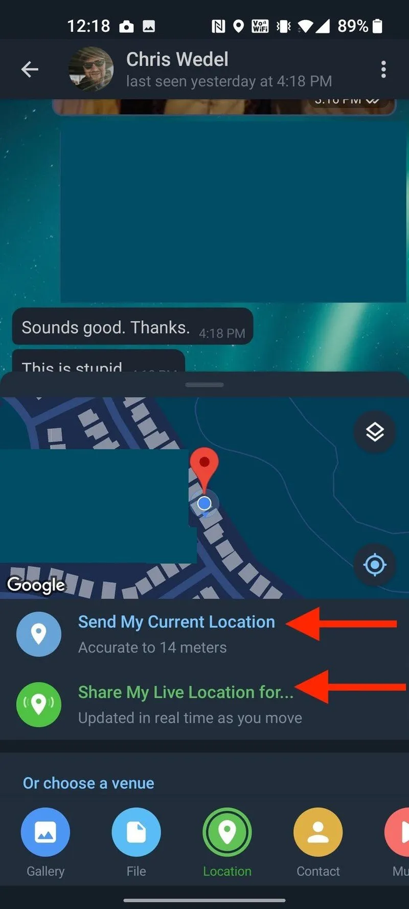 Sharing live location inside Telegram