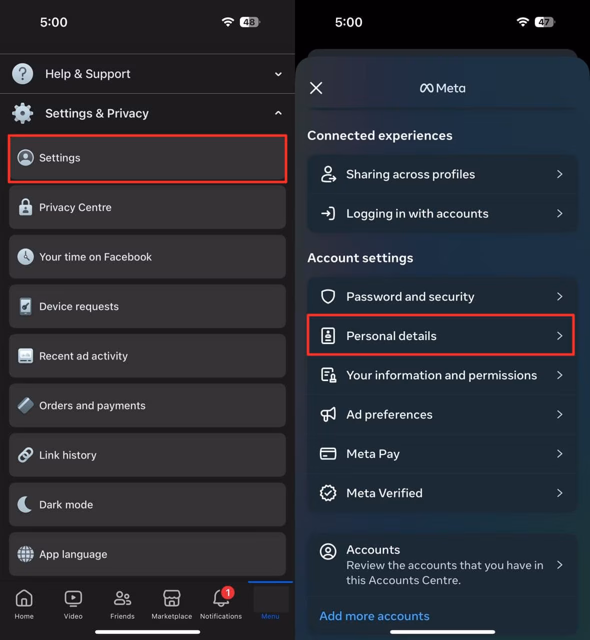 Accounts Center personal details section in Facebook