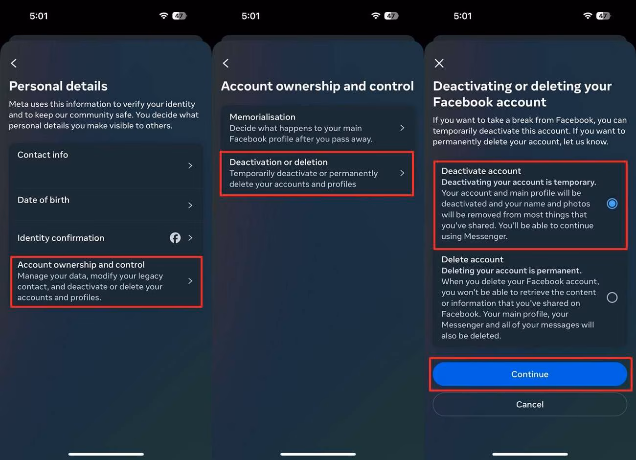 Deactivation or deletion menu inside the Facebook app