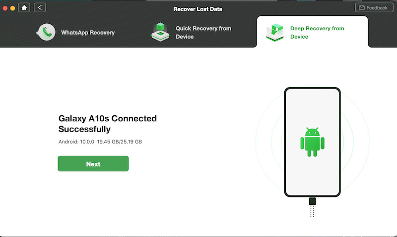 Android phone connected to a PC during DroidKit data recovery process