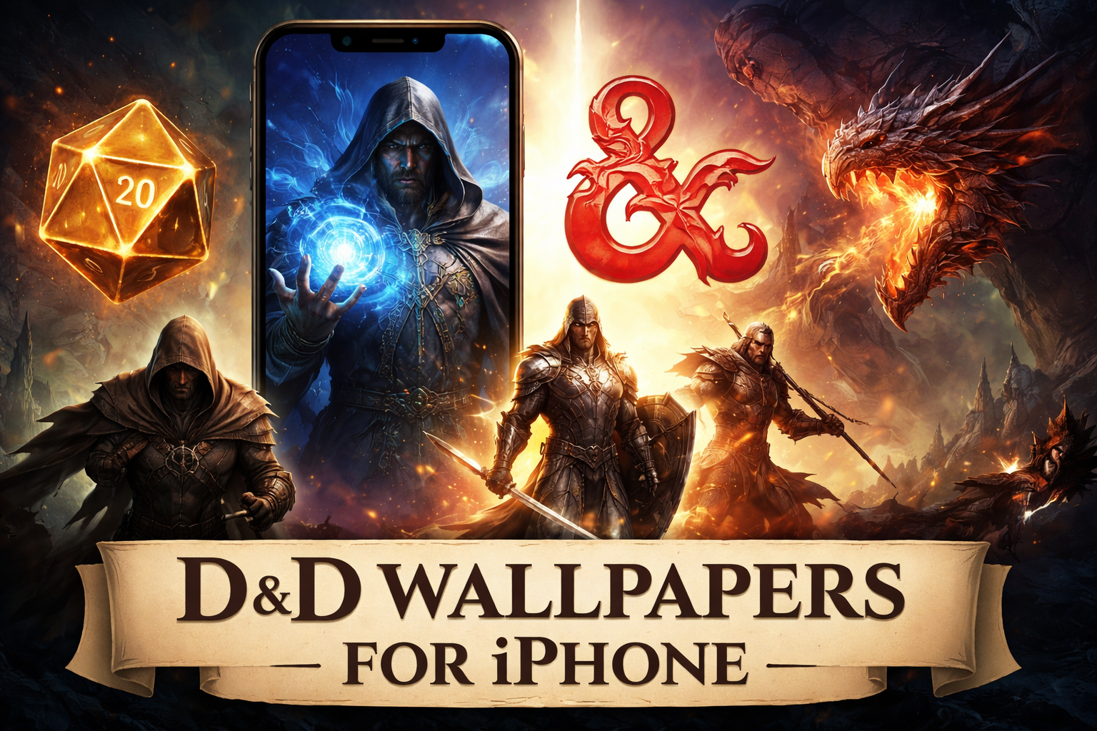 D&D wallpapers for iPhone featuring a wizard, dragon, paladin, rogue, D20 dice, and fantasy artwork optimized for a 16:9 featured image.