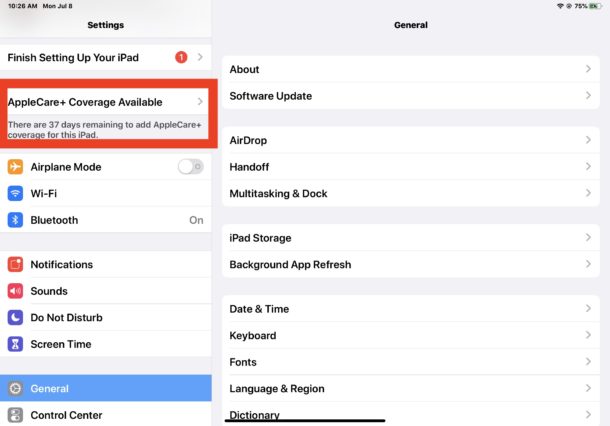 iPhone Settings screen showing AppleCare+ Coverage Available option