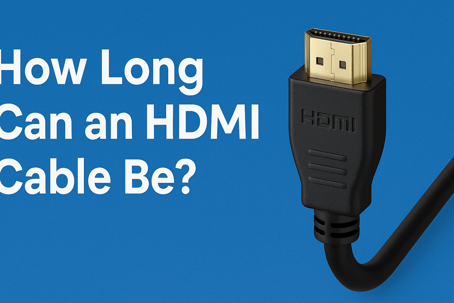 A close-up HDMI cable with a gold-plated connector on a blue background, with large text asking “How Long Can an HDMI Cable Be?” to illustrate cable length limits.