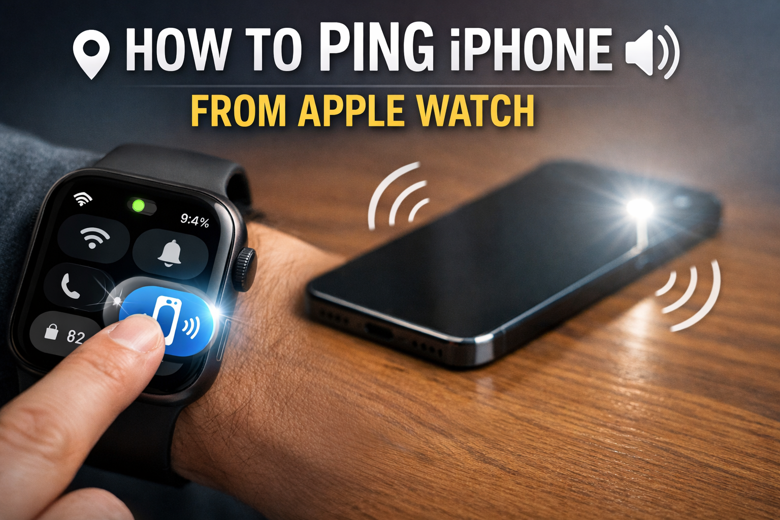 Apple Watch pinging a nearby iPhone, showing the ping button used to locate an iPhone from an Apple Watch.