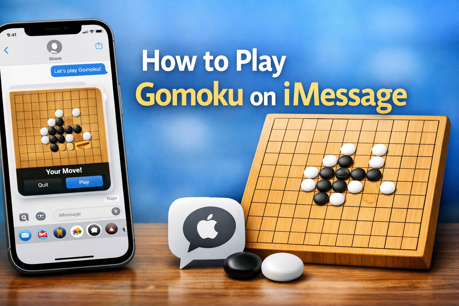 iPhone showing a Gomoku game running inside an iMessage conversation, with a Gomoku board and stones displayed next to the device.