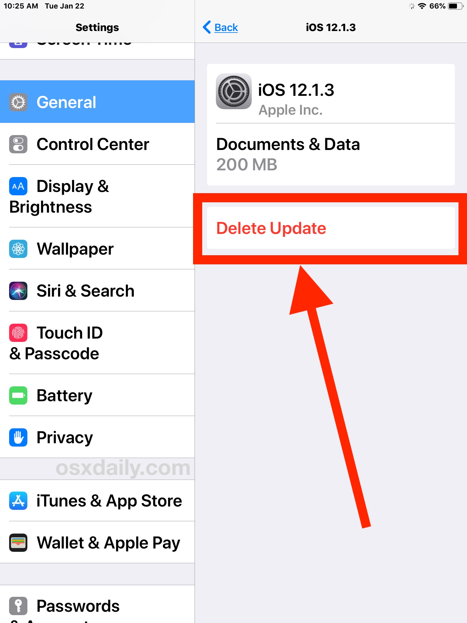 iPhone Storage screen displaying an iOS update file ready to be deleted