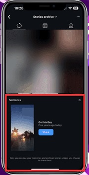 Archive screen displaying Stories Archive and Posts Archive options