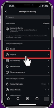 Instagram profile menu opened showing the Archive option