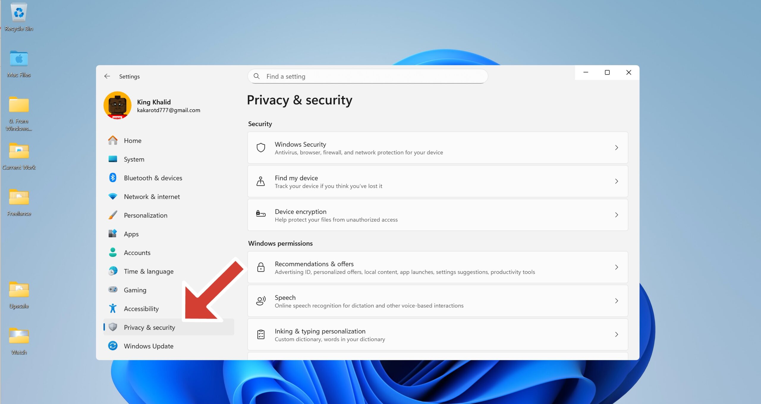 Windows Privacy and Security menu