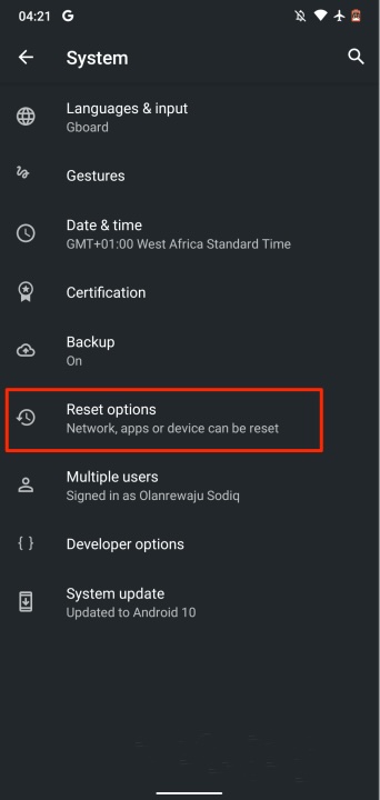 Android reset options settings