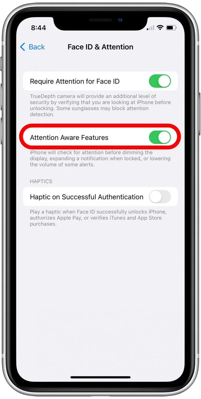 iPhone settings screen showing Attention Aware Features toggle under Face ID & Passcode