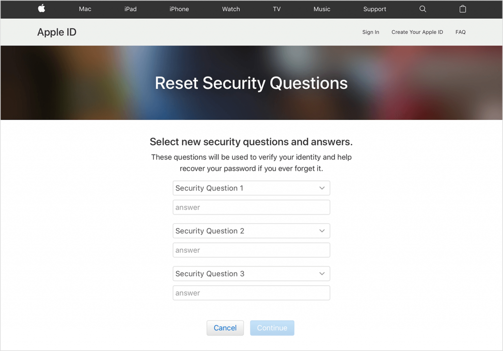 Apple ID account security page showing the option to change security questions