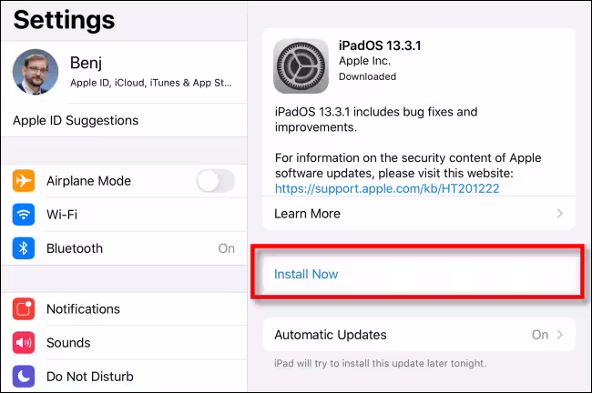 Installing the latest iOS update from Software Update settings