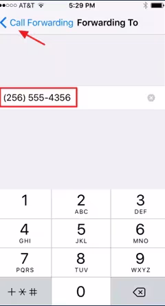 Entering a phone number in the Call Forwarding screen on iPhone