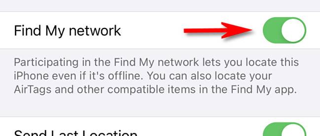 Find My Network toggle switched off in iPhone Find My settings