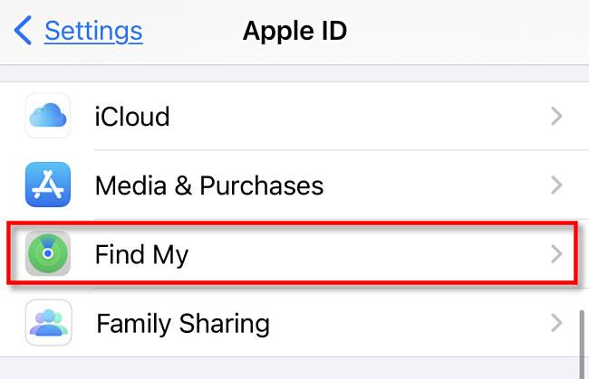 Find My option selected in Apple ID settings on an iPhone