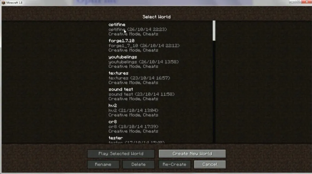 Minecraft launcher profile menu with the OptiFine profile selected before clicking Play