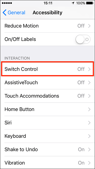 iPhone Accessibility menu showing Switch Control