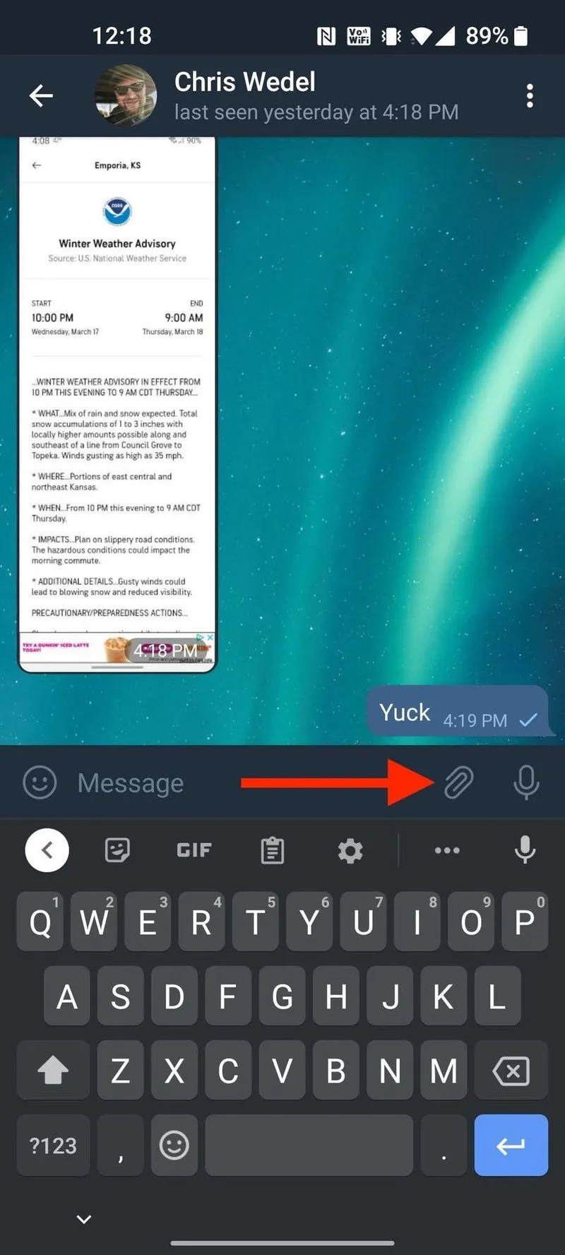 Telegram chat screen showing the attach file icon