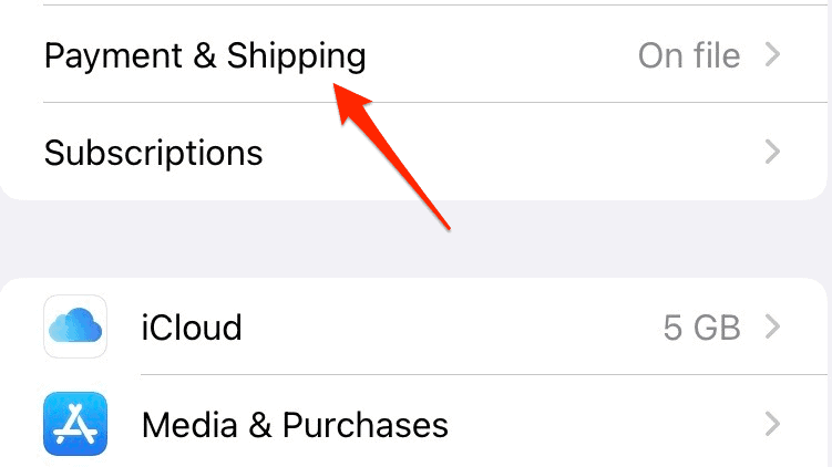 Opening Payment & Shipping settings under Apple ID on iPhone