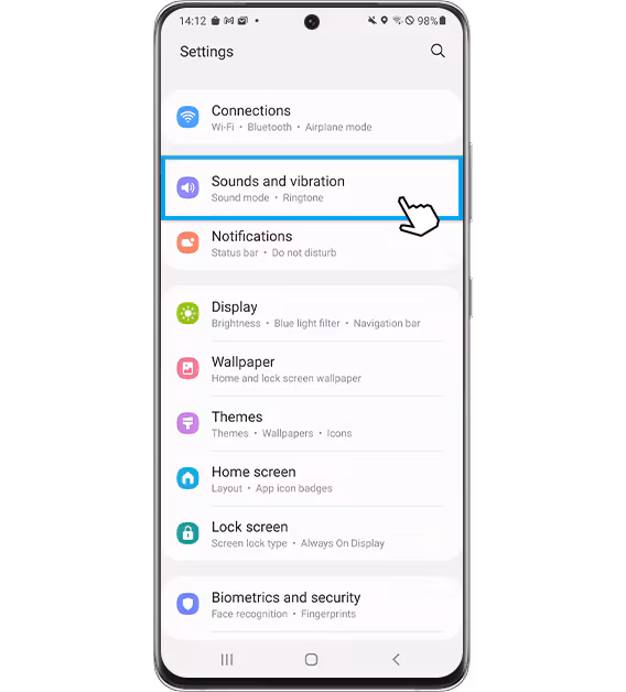 Image of a user opening the Sounds and Vibration menu on a Samsung phone.