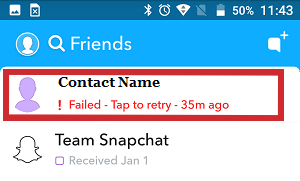 Failed snap message showing delivery error