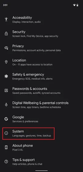 Settings page in android phone