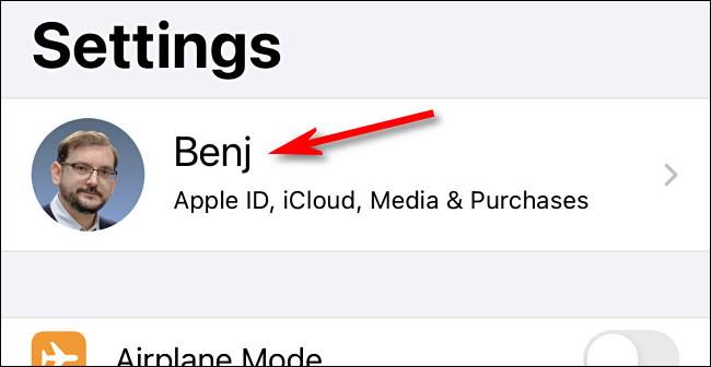 Tapping the Apple ID profile at the top of the screen