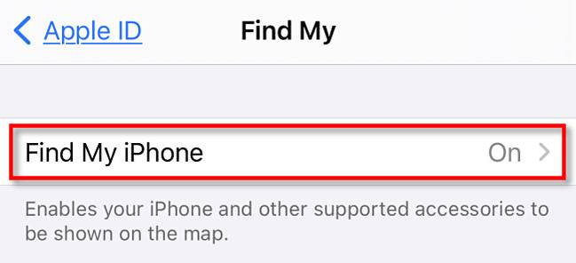 Find My iPhone settings screen showing device tracking options