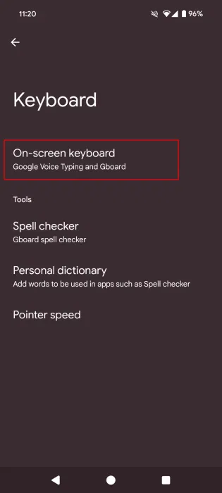 Select the on-screen keyboard option