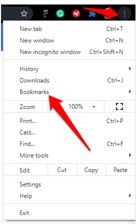 Browser bookmark export option highlighted in settings menu