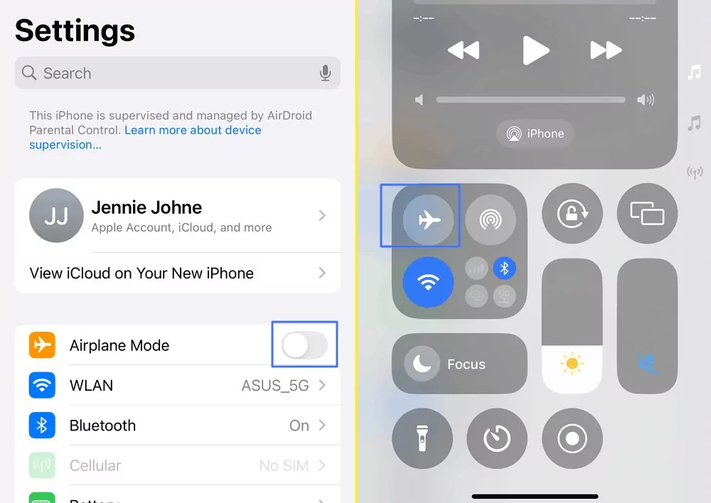 enabling airplane mode via iPhone settings 