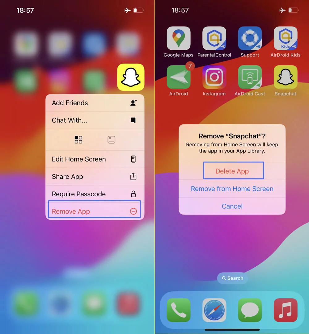 iPhone screen showing snapchat being uninstalled