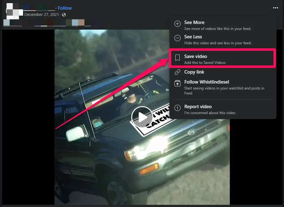 Save Video option on a Facebook post for watch later