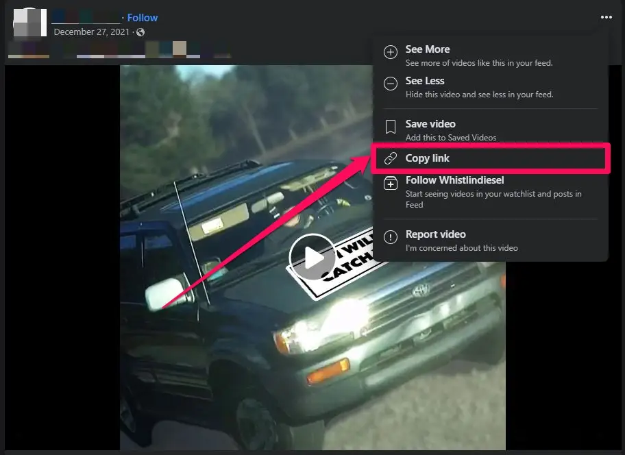 Copy link option under a Facebook video on desktop
