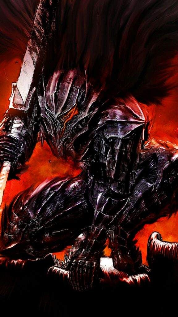Berserk wallpaper showing Guts in black armor with Dragon Slayer sword on iPhone screen
