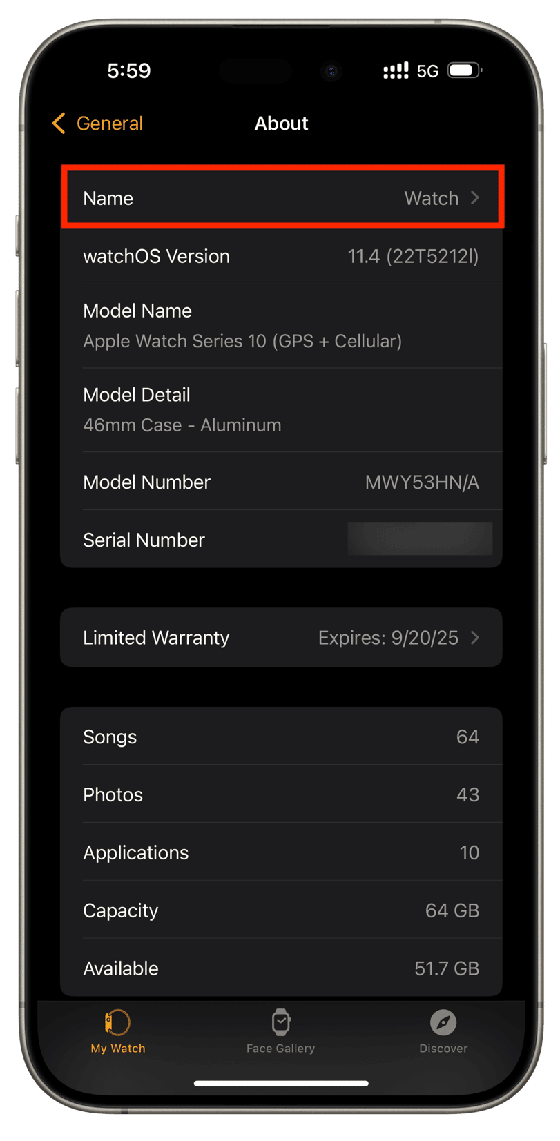 Apple Watch About screen showing the Name field in the Watch app on iPhone