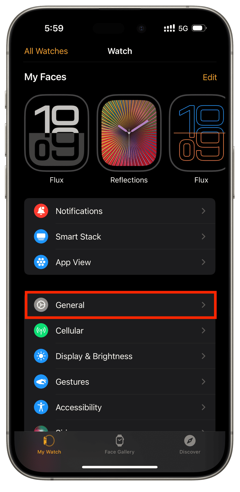 Apple Watch general settings screen
