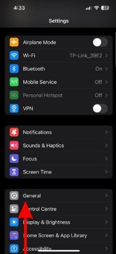 iPhone general app in settings