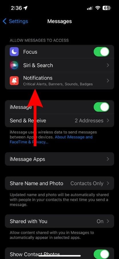 notification settings screen on iPhone