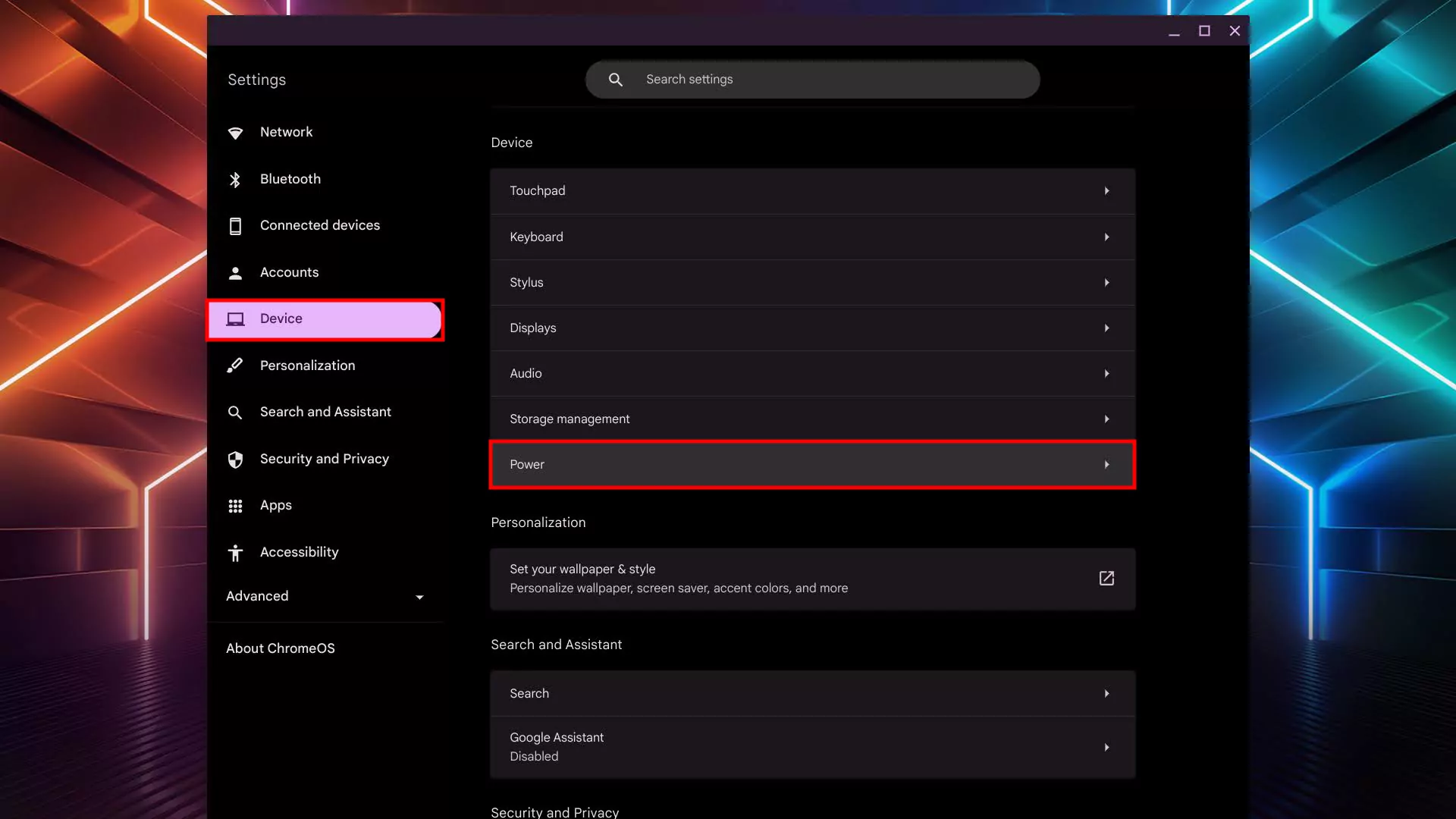 Chromebook power settings